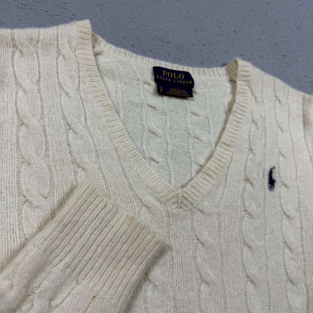 Polo Ralph Lauren Cream Merino Wool Cashmere Cable Knit V-Neck Sweater Small